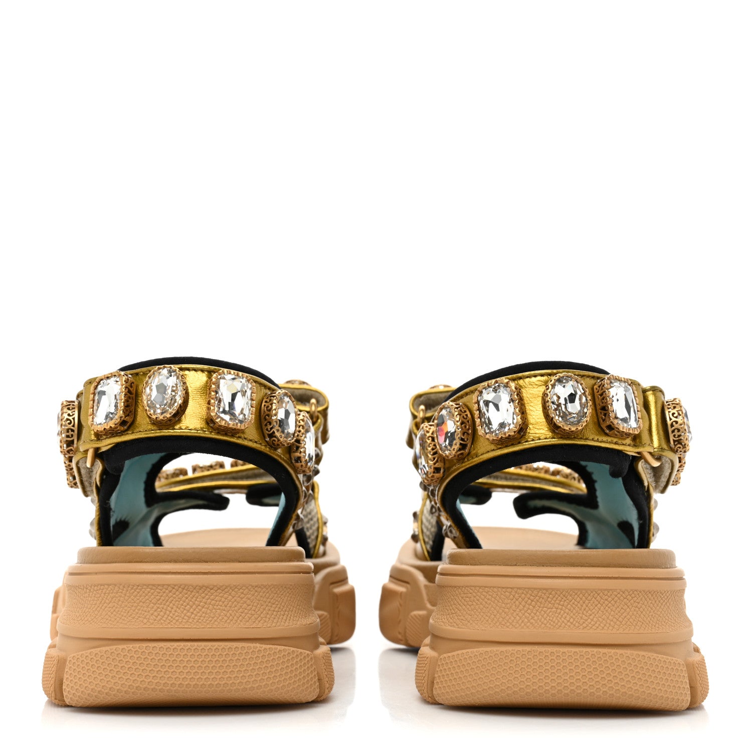 Gucci Silk Calfskin Mesh Crystal Embellished Studded Womens Aguru Sandals 37.5 Gold 4 of 9
