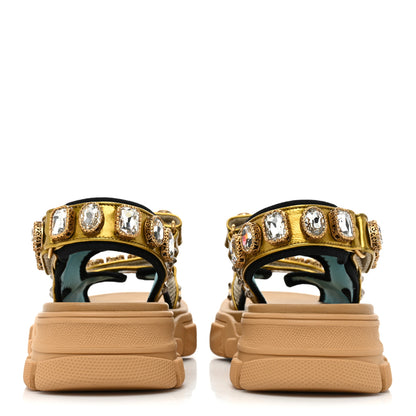 Gucci Silk Calfskin Mesh Crystal Embellished Studded Womens Aguru Sandals 37.5 Gold 4 of 9