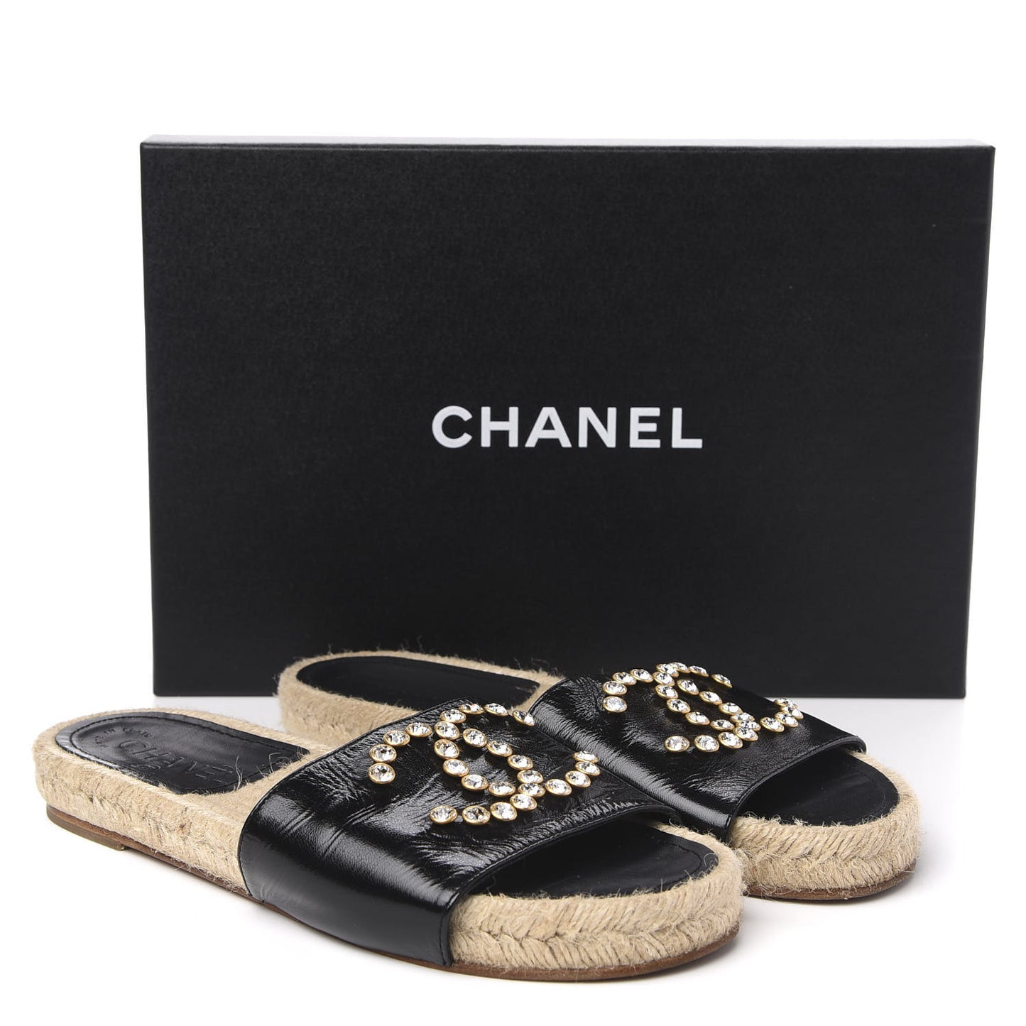 Patent Calfskin Crystal CC Espadrille Slip On Sandals 37 Black