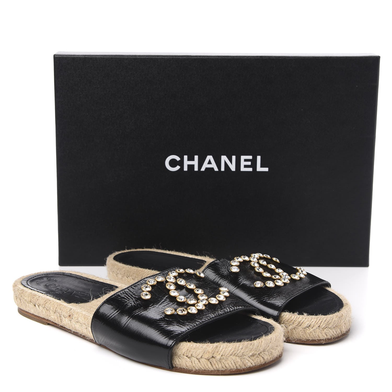 Chanel Patent Calfskin Crystal CC Espadrille Slip On Sandals 37 Black 9 of 9