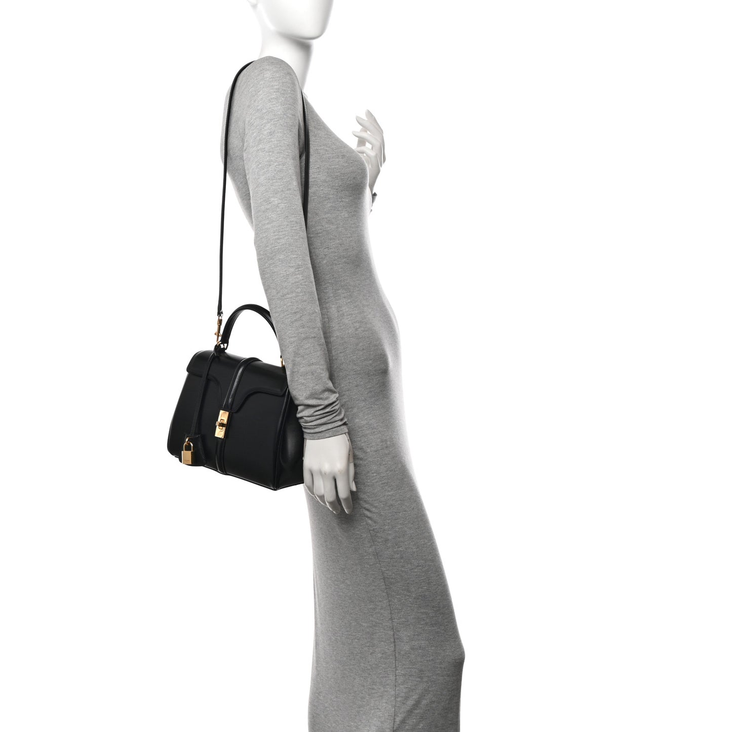 Satinated Calfskin Small 16 Top Handle Bag Black