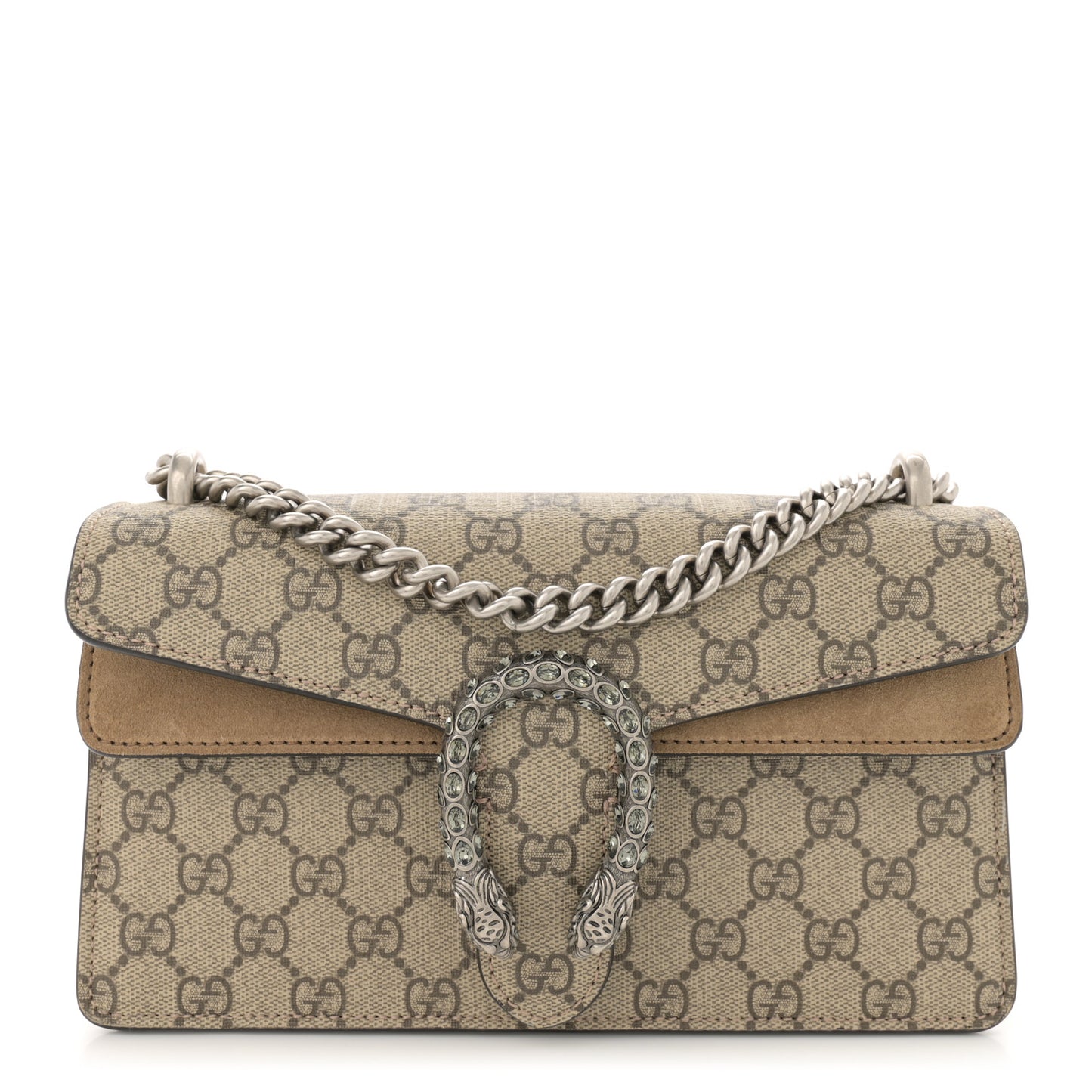 GG Supreme Monogram Suede Crystal Small Dionysus Shoulder Bag Beige Ebony Taupe