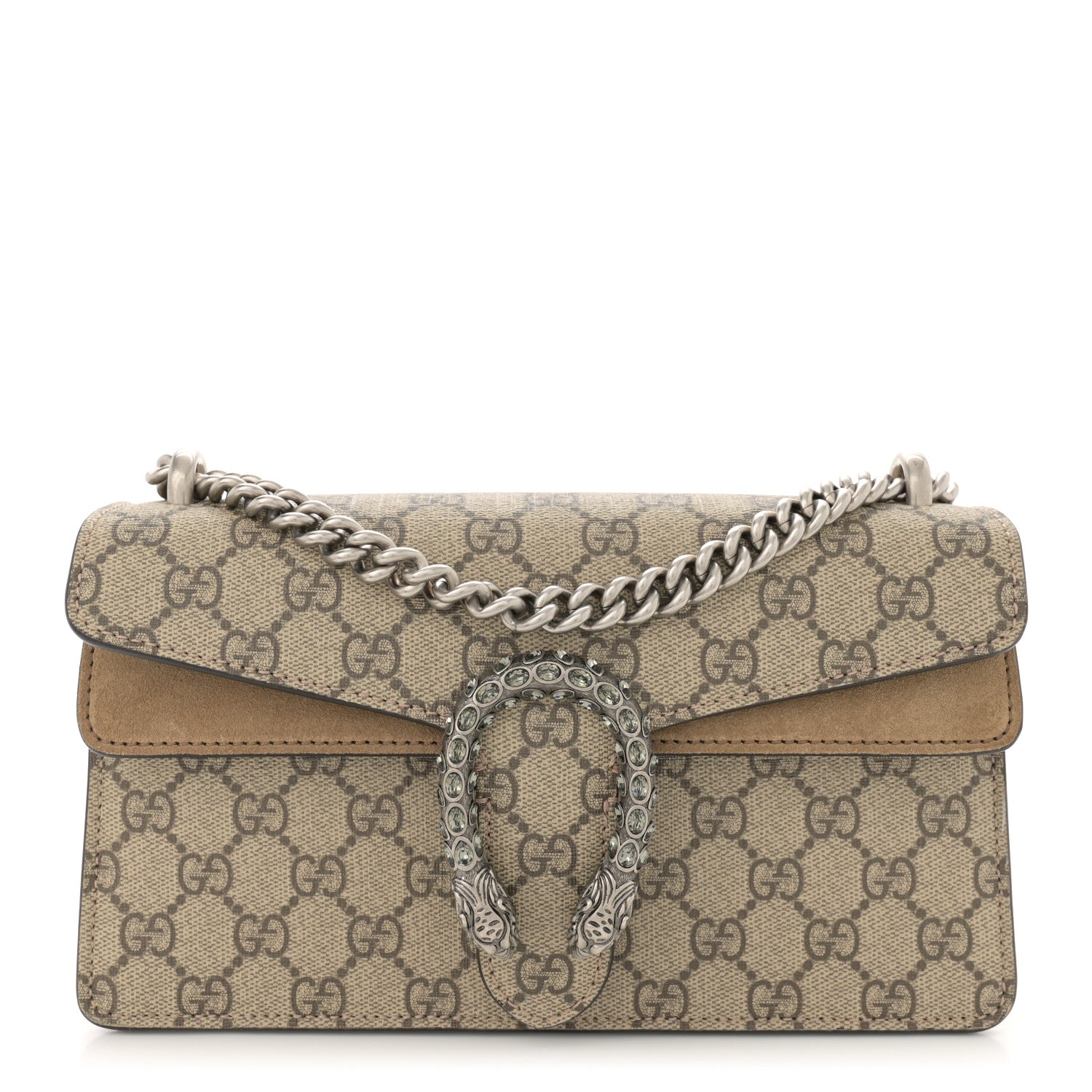 Gucci GG Supreme Monogram Suede Crystal Small Dionysus Shoulder Bag Beige Ebony Taupe 1 of 13