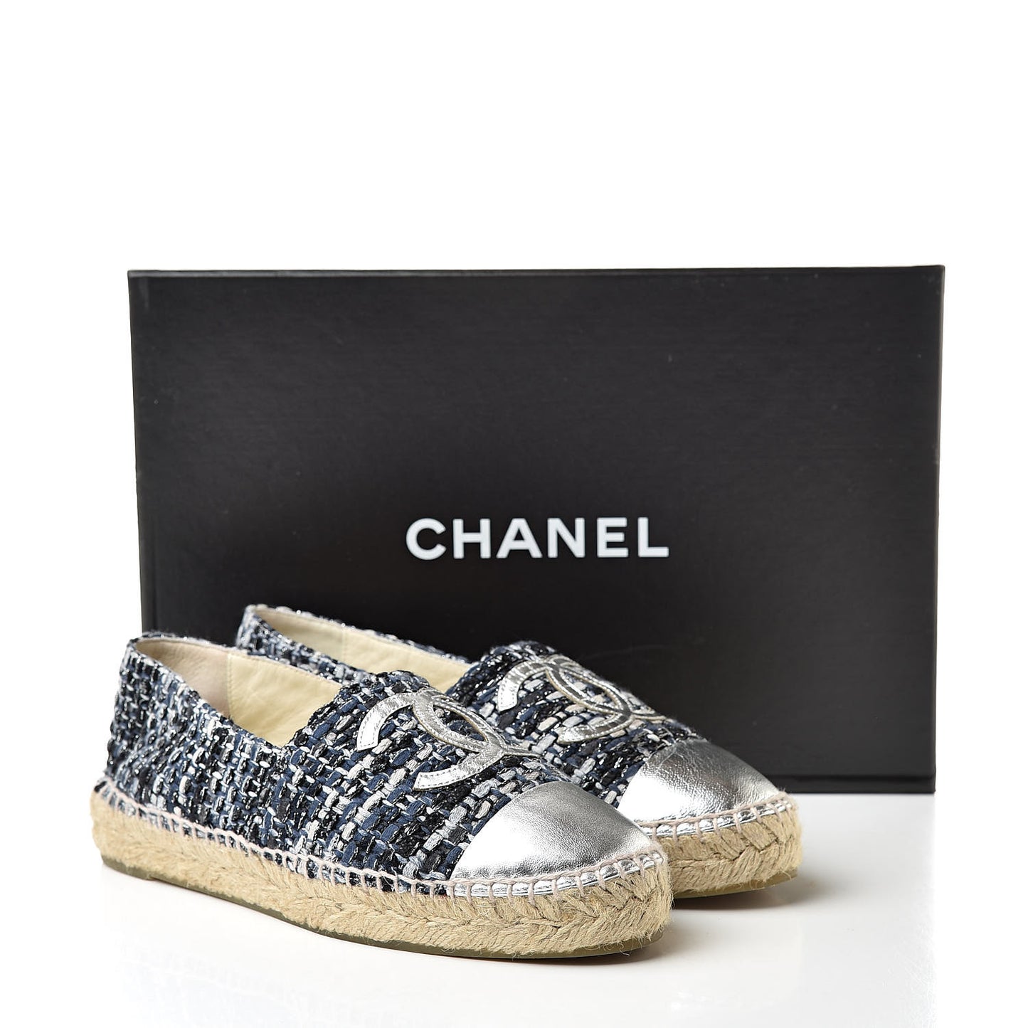 Metallic Tweed Lambskin CC Espadrilles 36 Blue Black Silver