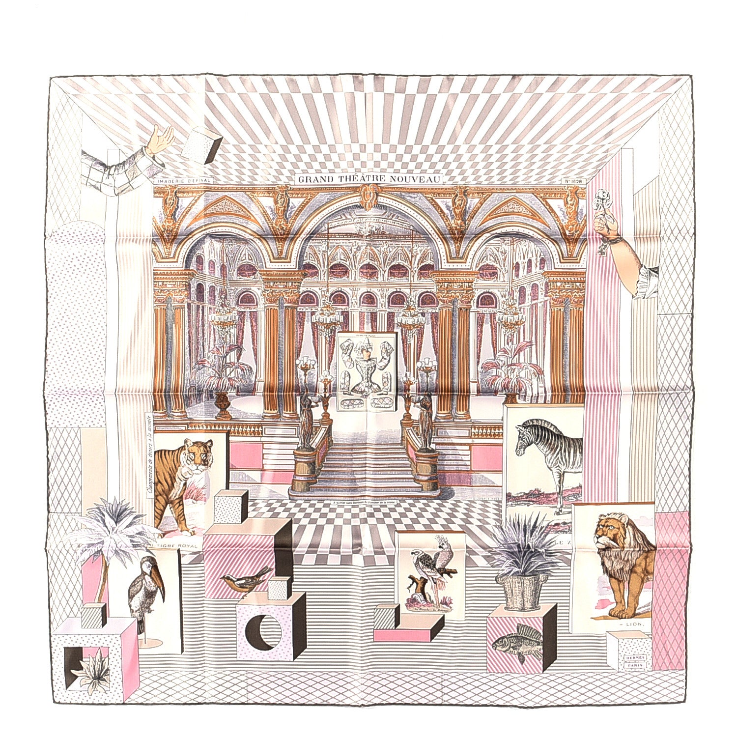 Hermes Silk Grand Theatre Nouveau Scarf 90 Rose Pale Etoupe 1 of 6