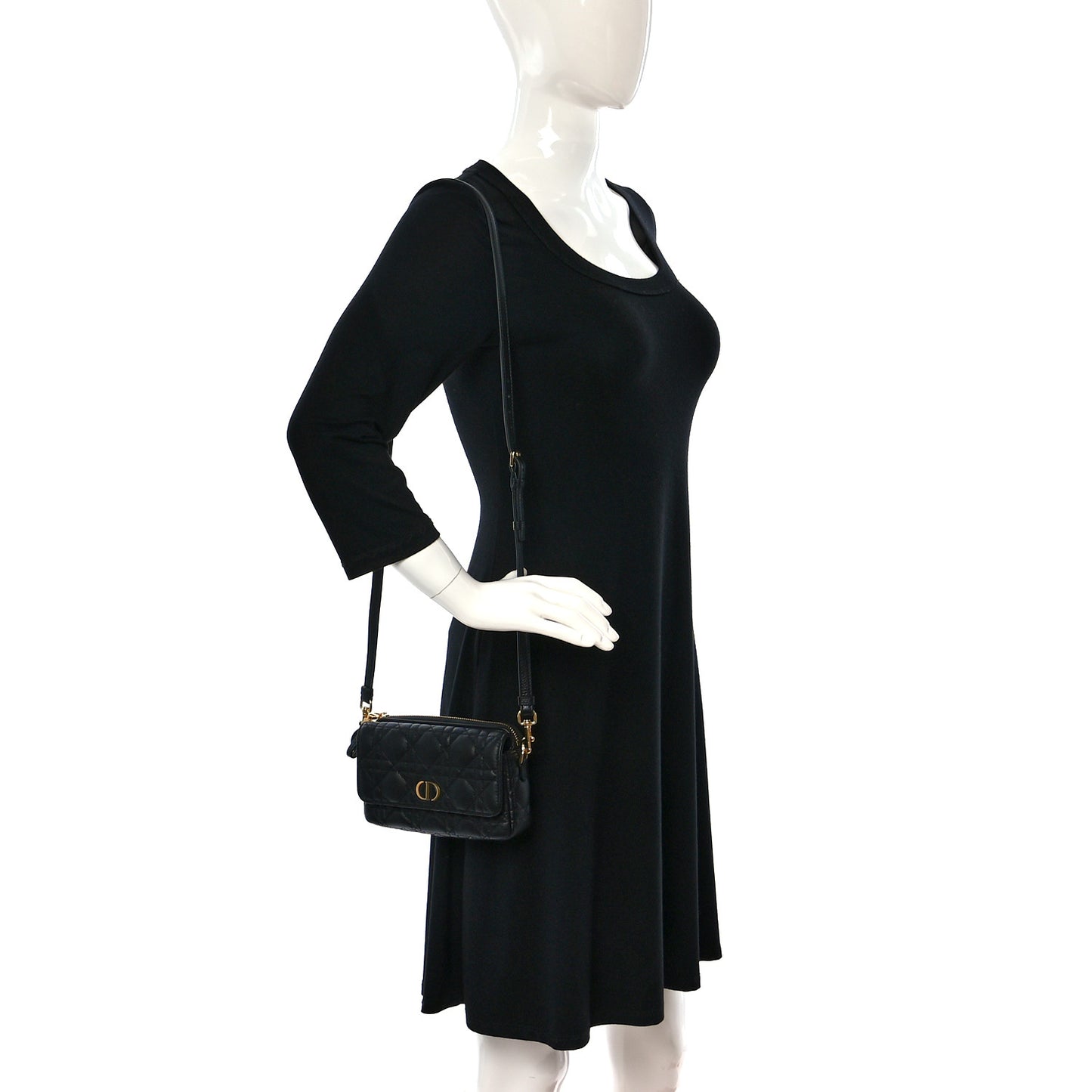 Supple Calfskin Cannage Caro Pouch with Chain Black