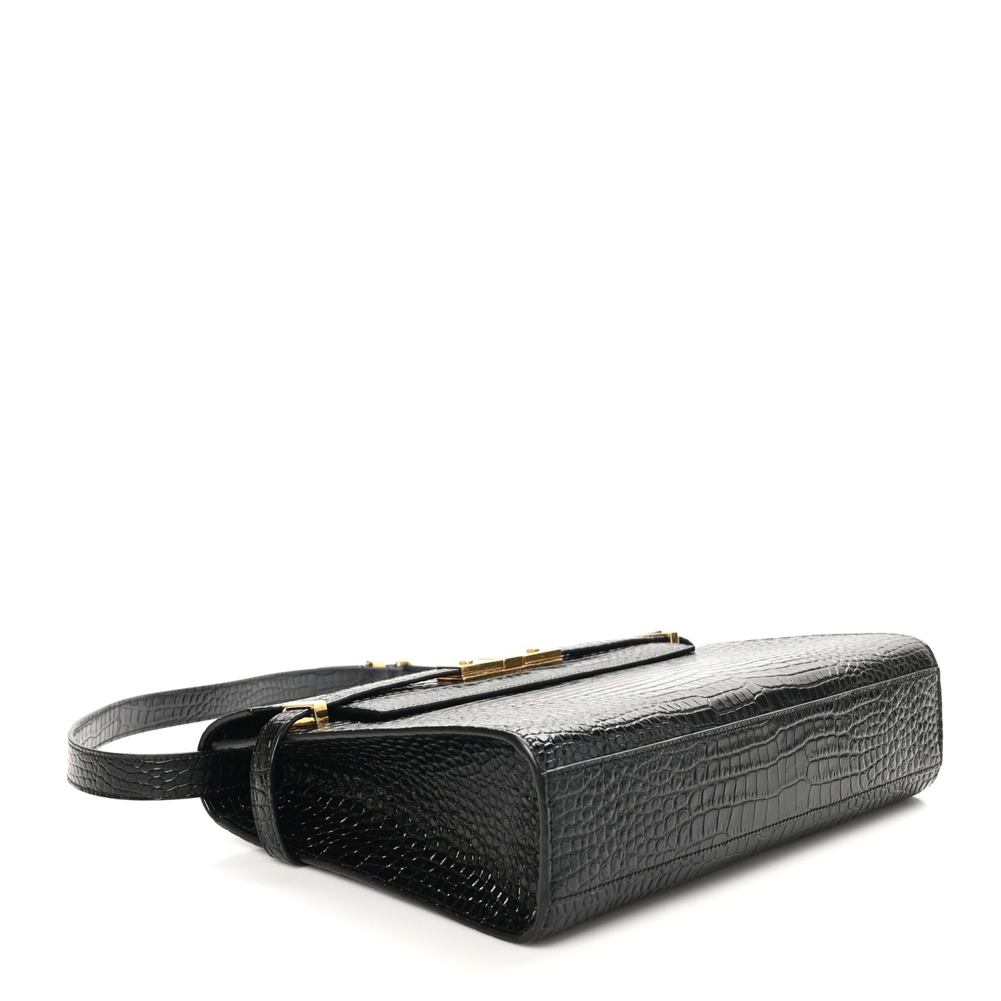 Shiny Calfskin Crocodile Embossed Manhattan Baguette Black