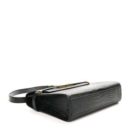 Saint Laurent Shiny Calfskin Crocodile Embossed Manhattan Baguette Black 4 of 10