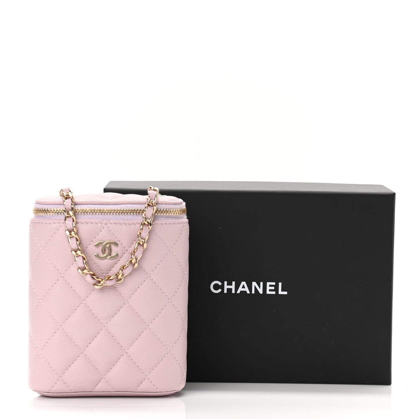 Caviar Quilted Small Vertical Coco Beauty Vanity Case With Chain Light Pink