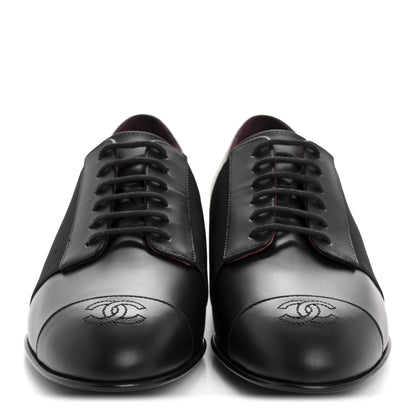 Chanel Calfskin Elastic Lace Up Cap Toe CC Loafers 37.5 Black 3 of 9