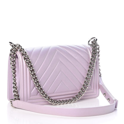 Chanel Metallic Lambskin Chevron Quilted Medium Boy Flap Pink 3 of 13