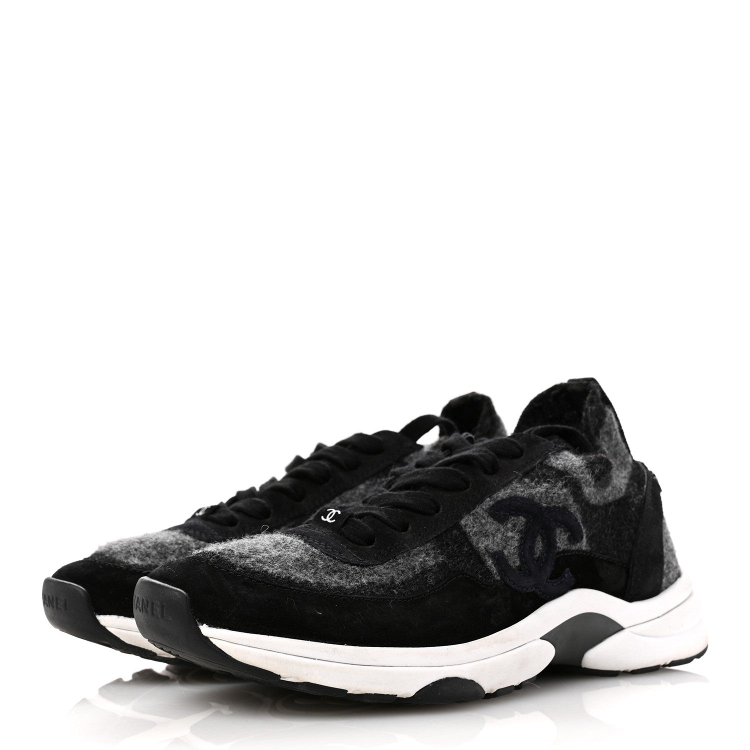 Chanel Fabric Suede Calfskin Womens CC Sneakers 38.5 Black Grey 4 of 11