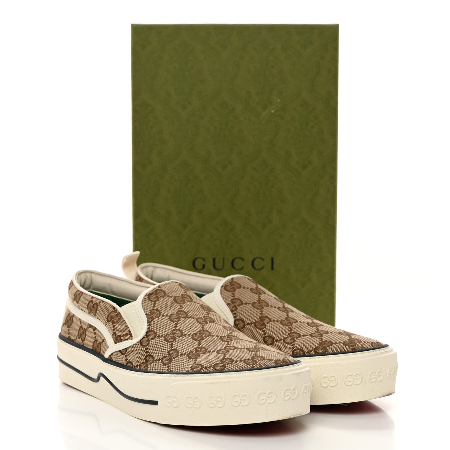 GG Monogram Womens 1977 Tennis Slip On 30mm Sneakers 40 Beige Ebony Mystic White