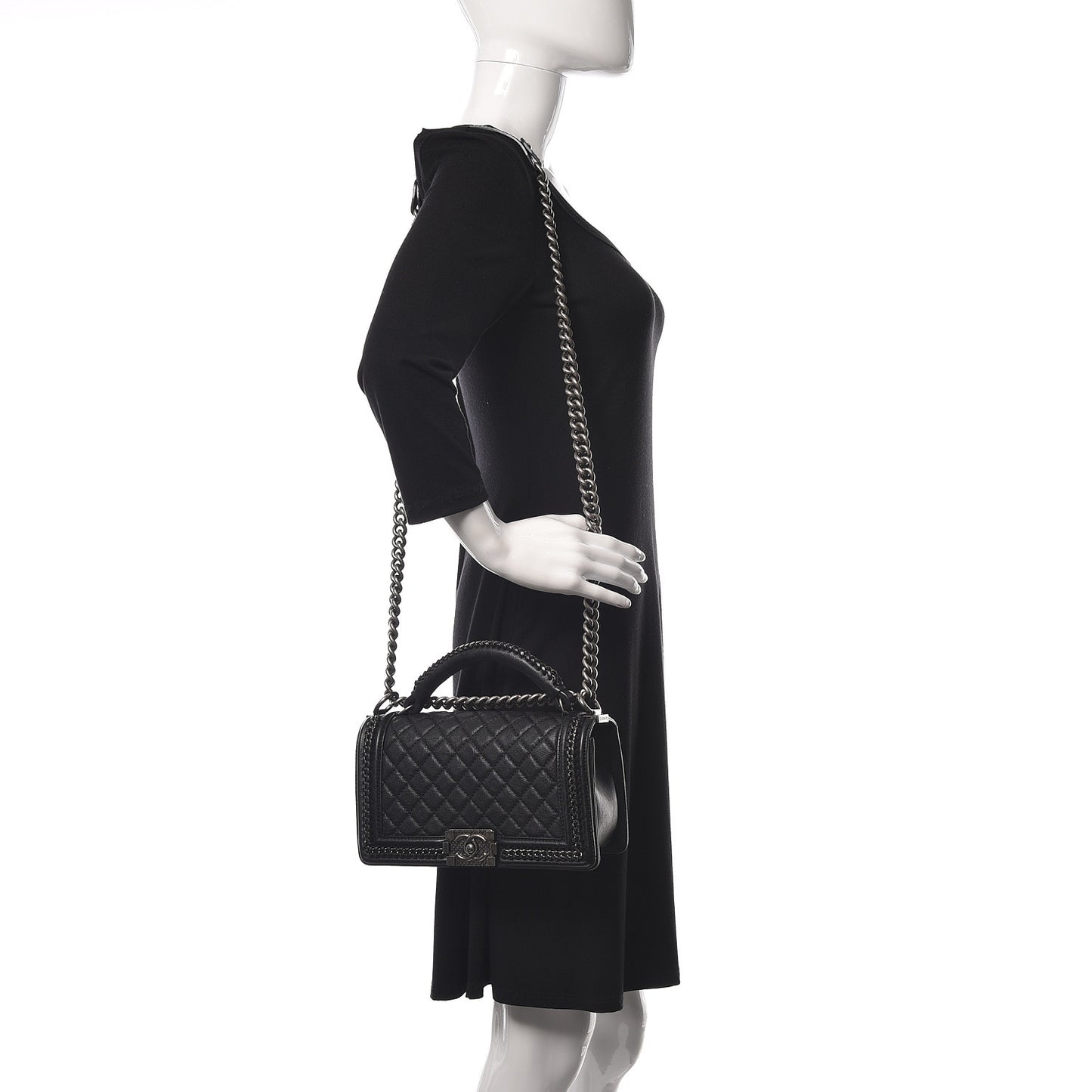 Calfskin Quilted Medium Boy Top Handle Flap Black