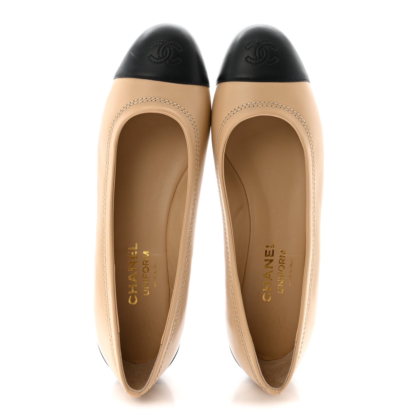 Lambskin Cap Toe CC Uniform Ballerina Flats 40 Beige Black