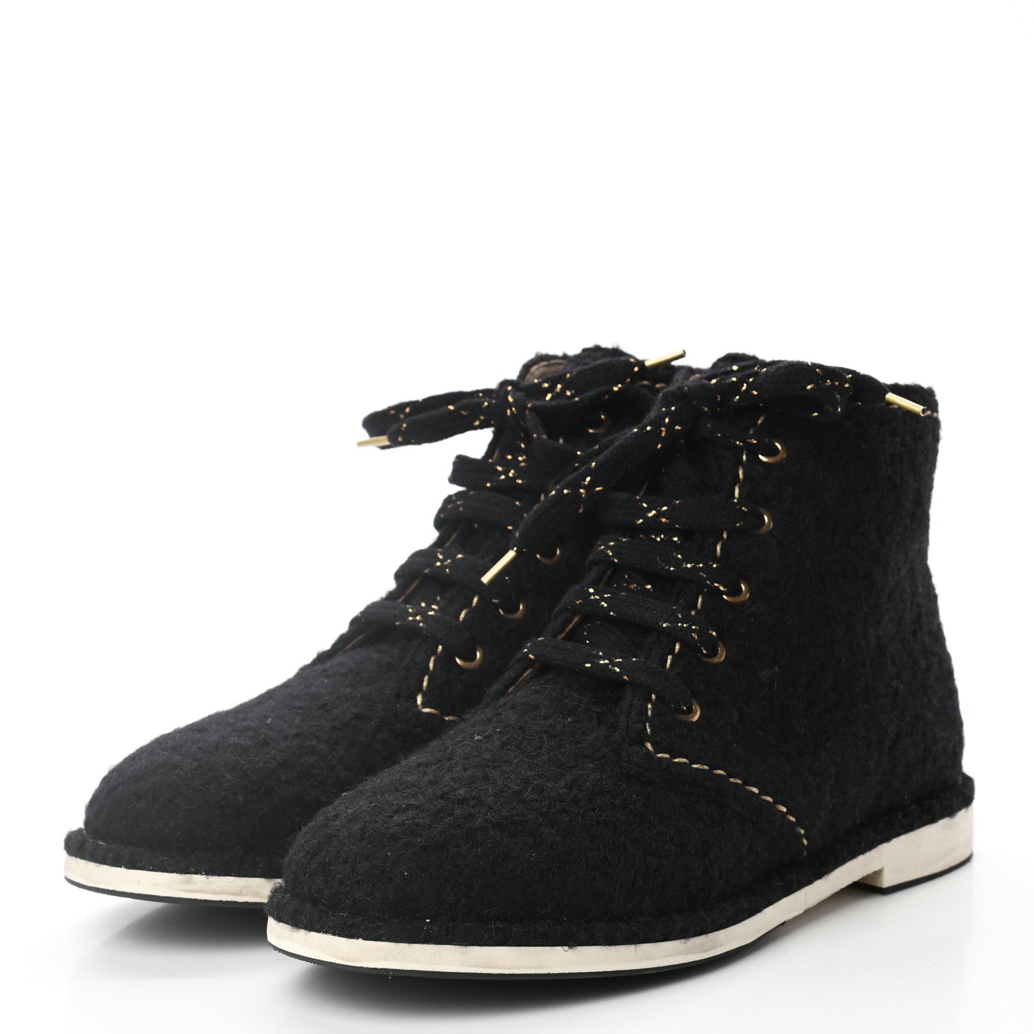 Chanel Tweed Womens Lace Up Short Boots 40 Black 3 of 8
