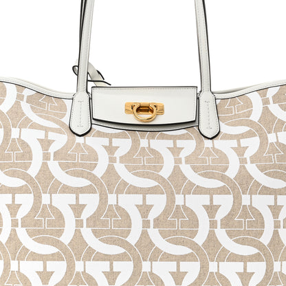 Salvatore Ferragamo Canvas Calfskin Gancini Tote White Beige 9 of 12