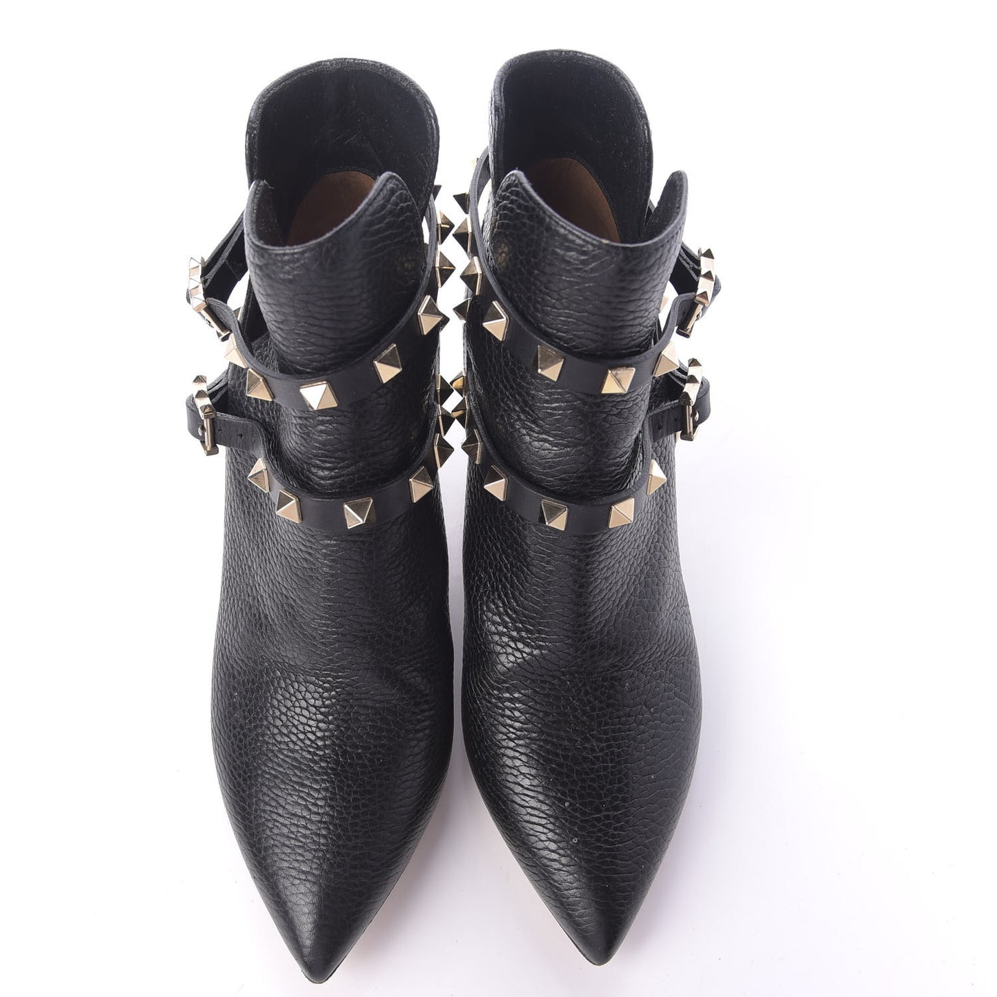 Pebbled Calfskin Rockstud Double Buckle 65mm Ankle Boots 36.5 Black