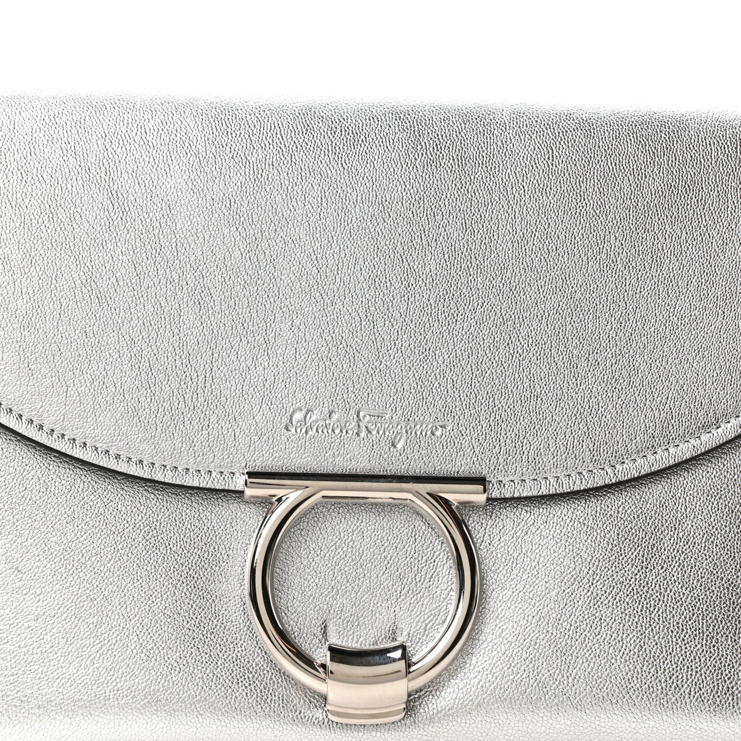 Metallic Calfskin Gancini Clutch Silver