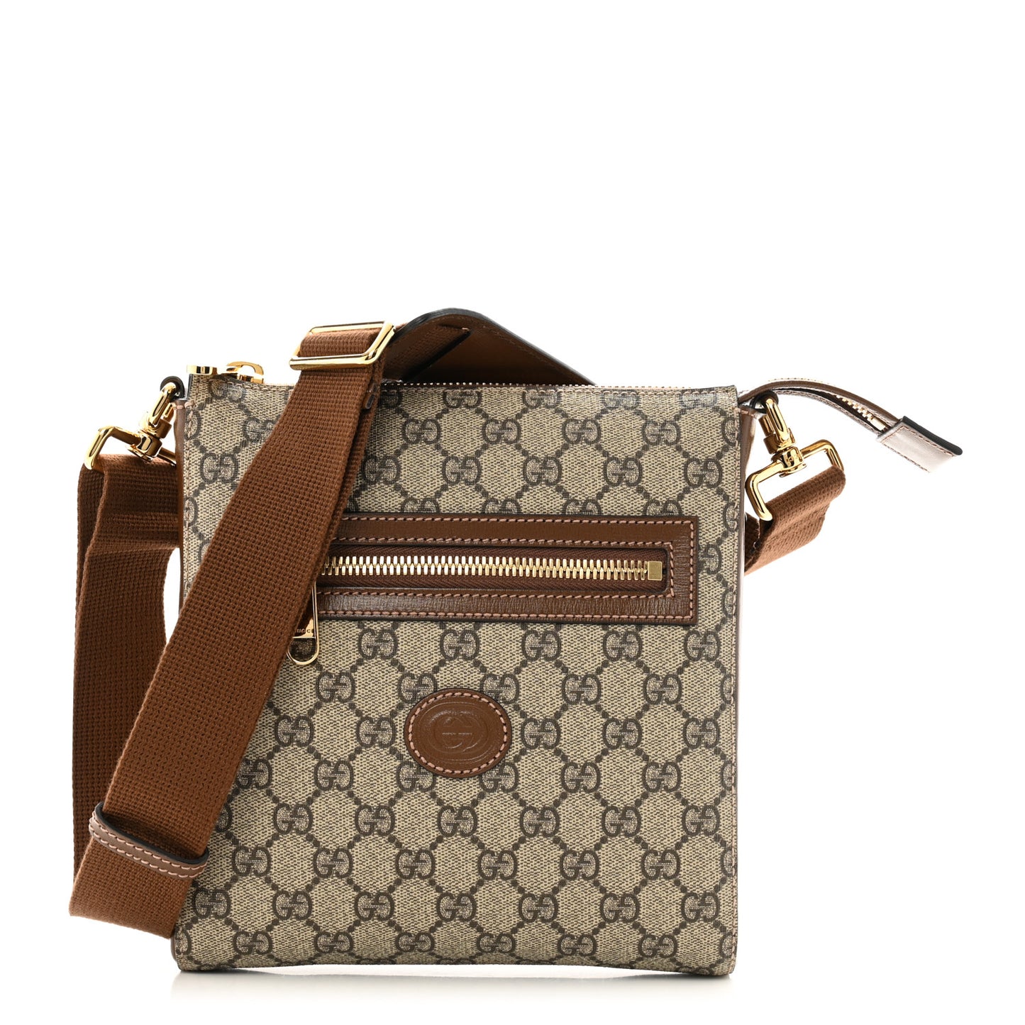 GG Supreme Monogram Azalea Calfskin Retro Interlocking G Flat Messenger Bag Beige Ebony Brown Sugar