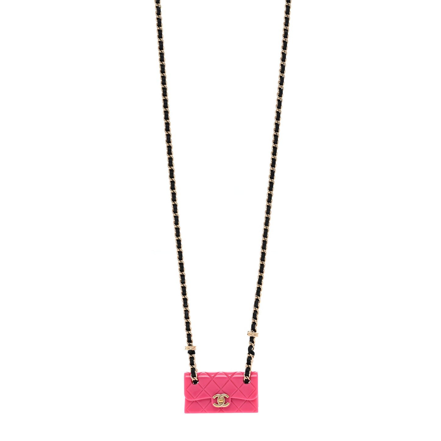 Metal Resin Lambskin Flap Bag Long Necklace Golden Pink Black