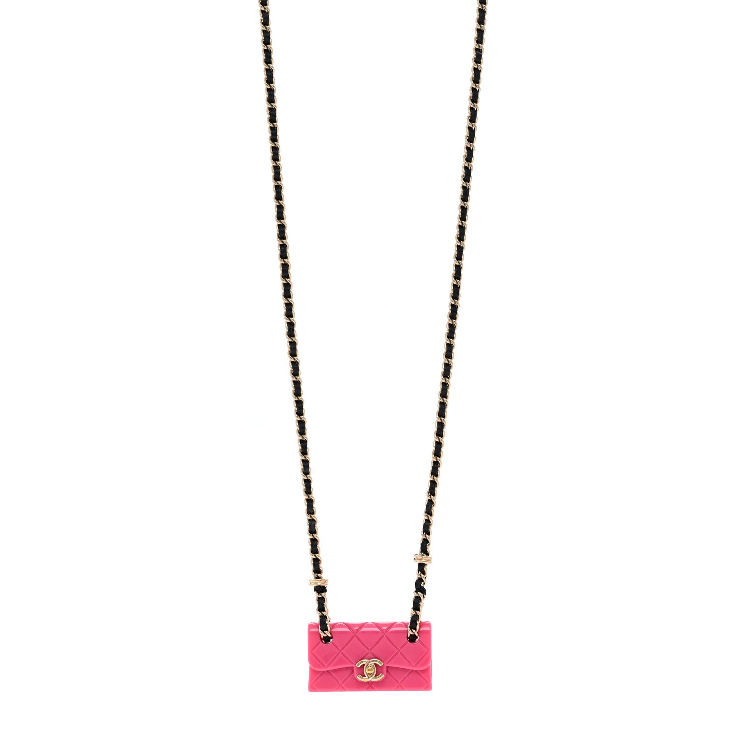 Chanel Metal Resin Lambskin Flap Bag Long Necklace Golden Pink Black 1 of 5