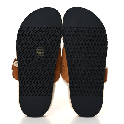 Hermes Suede Goatskin Woolskin Womens Chypre Sandals 38 Brun Fume Ecru 5 of 8