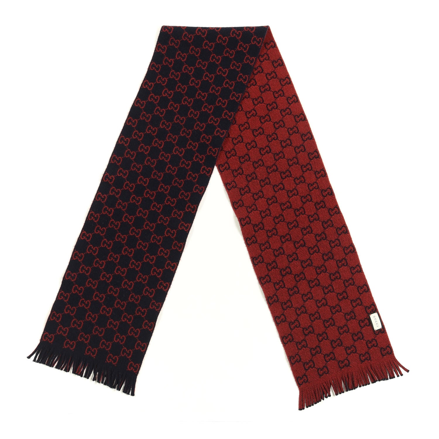 Gucci Wool GG Monogram Knit Longfog Fringe Scarf Midnight Blue Red 2 of 4