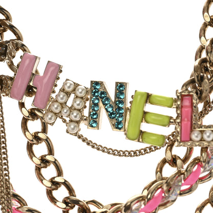 Chanel Resin Pearl Crystal Logo Multi Chain Long Express Necklace Gold Multicolor 10 of 11
