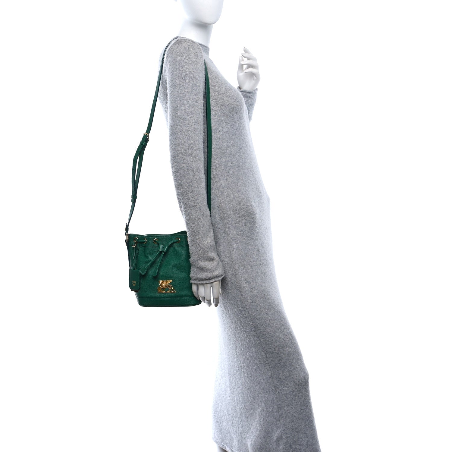 MCM Grained Calfskin Mini Drawstring Bucket Bag Green 2 of 9