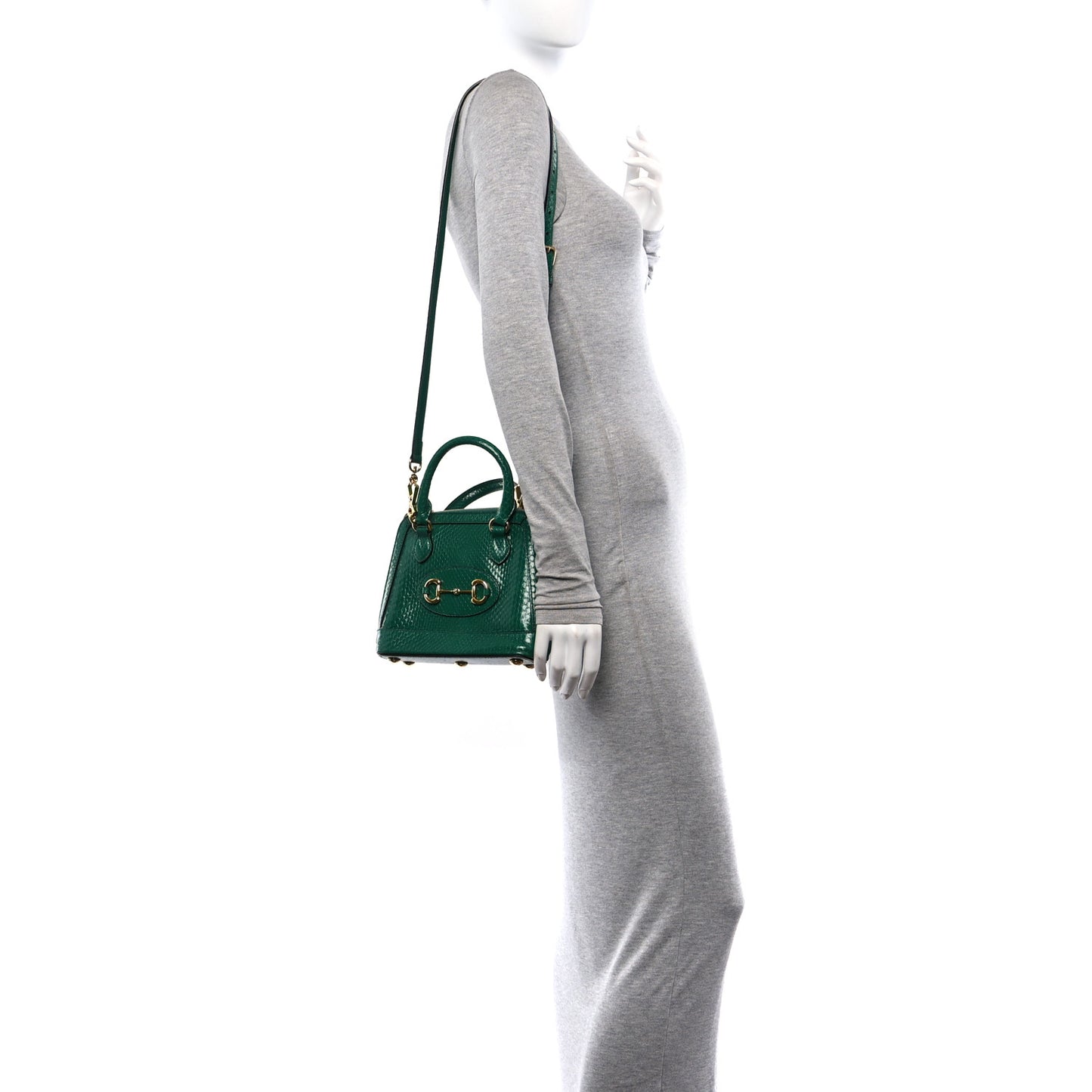 Shiny Snakeskin Mini Horsebit 1955 Top Handle Bag Emerald