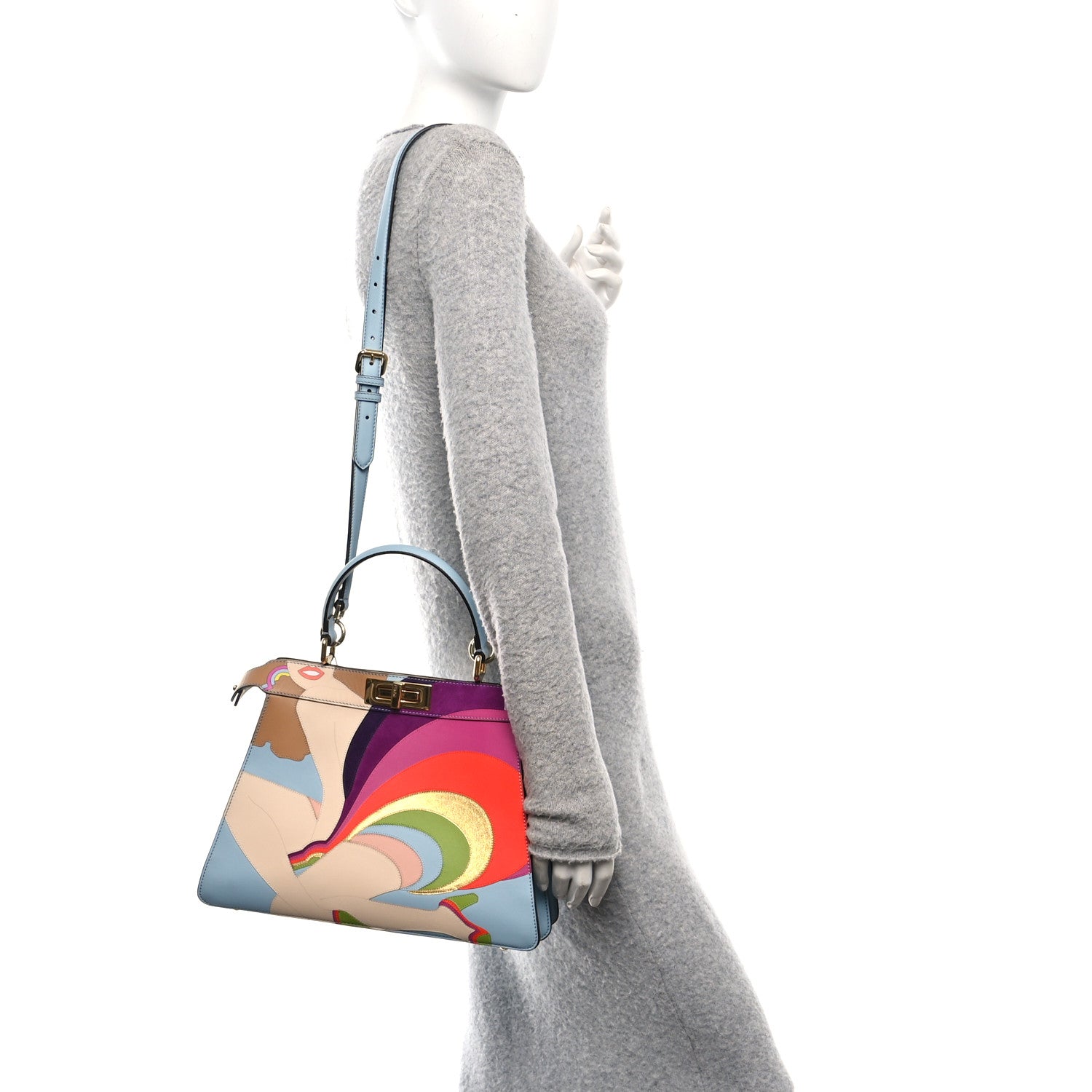 Fendi Vitello Seta Nappa Bi-Color Rainbow Girl Inlay Medium Peekaboo I SEE U Satchel Azzurro Baby Multicolor 2 of 11