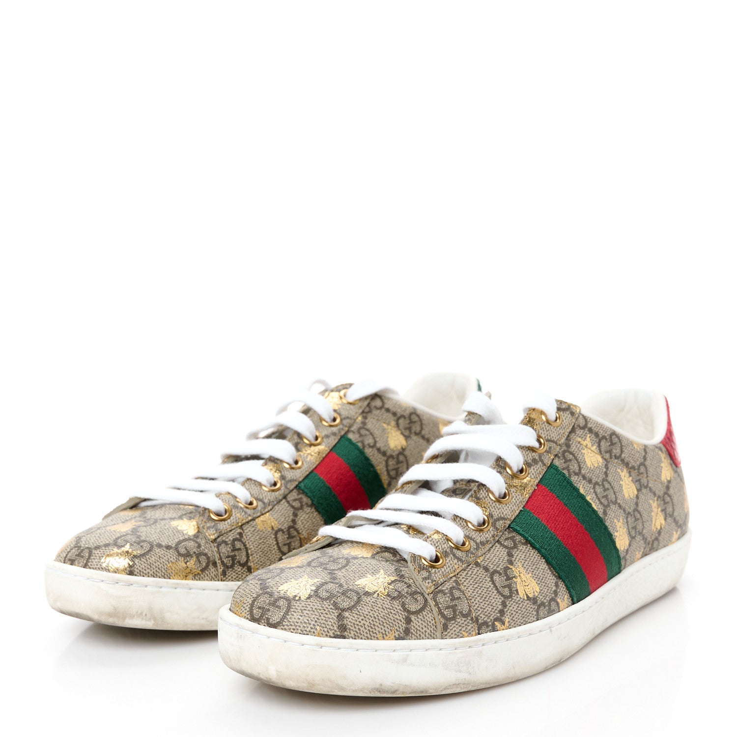 Gucci GG Supreme Monogram Bees Ayers Web Womens Ace Sneakers 37 Beige Oro Green Red 4 of 10