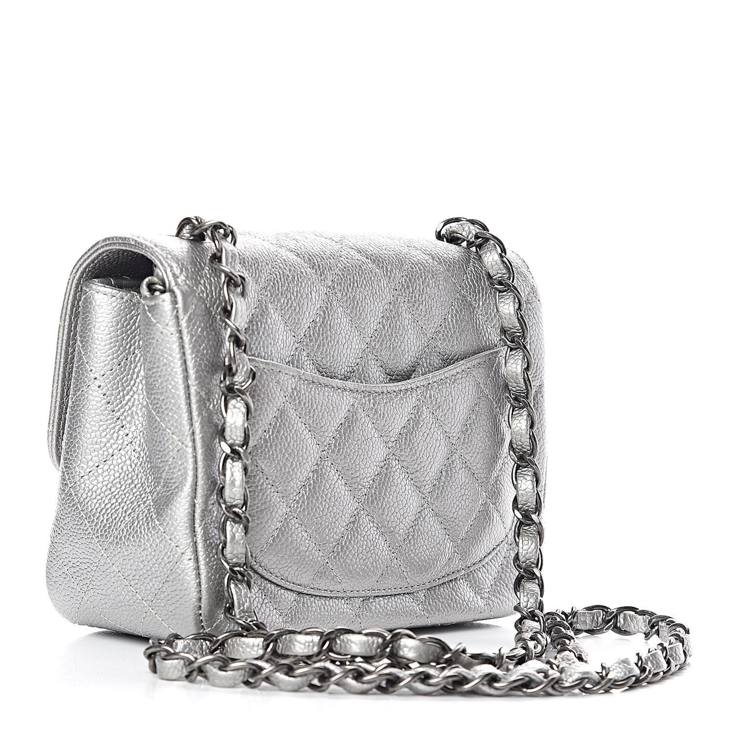 Metallic Caviar Quilted Mini Square Flap Silver