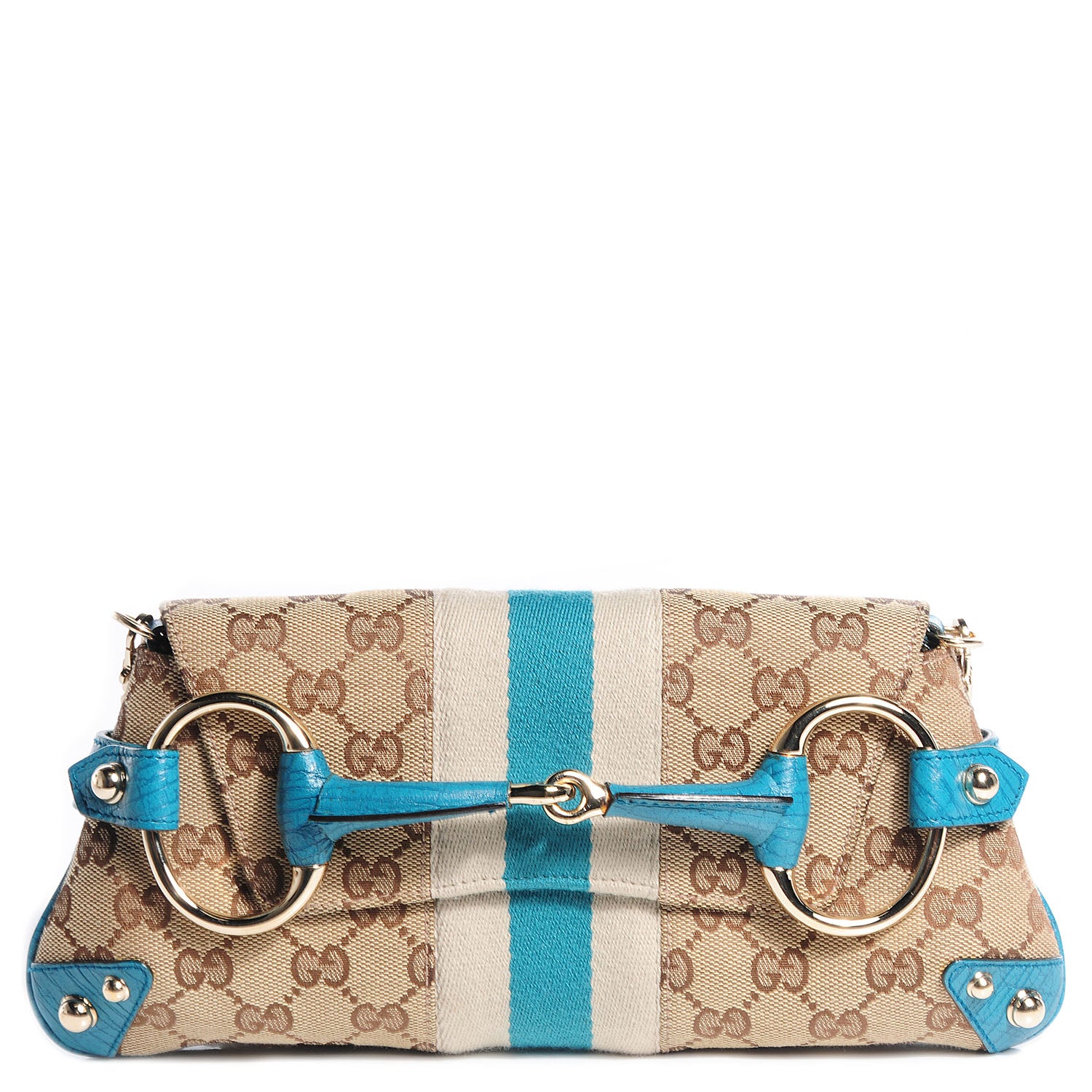 image of GUCCI Monogram Web Small Horsebit Chain Clutch in the color Turquoise by FASHIONPHILE