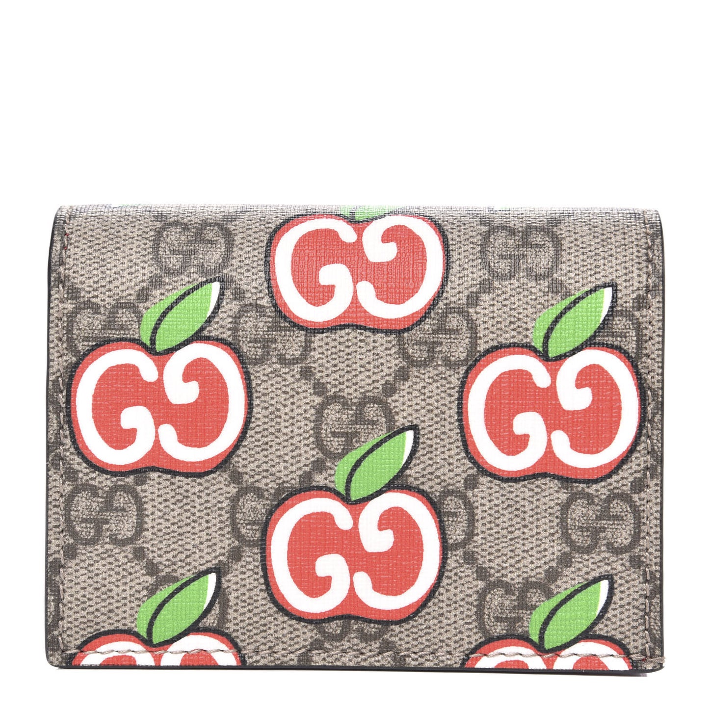 GG Supreme Monogram Apple Card Case Wallet Beige Multicolor Lobster Red
