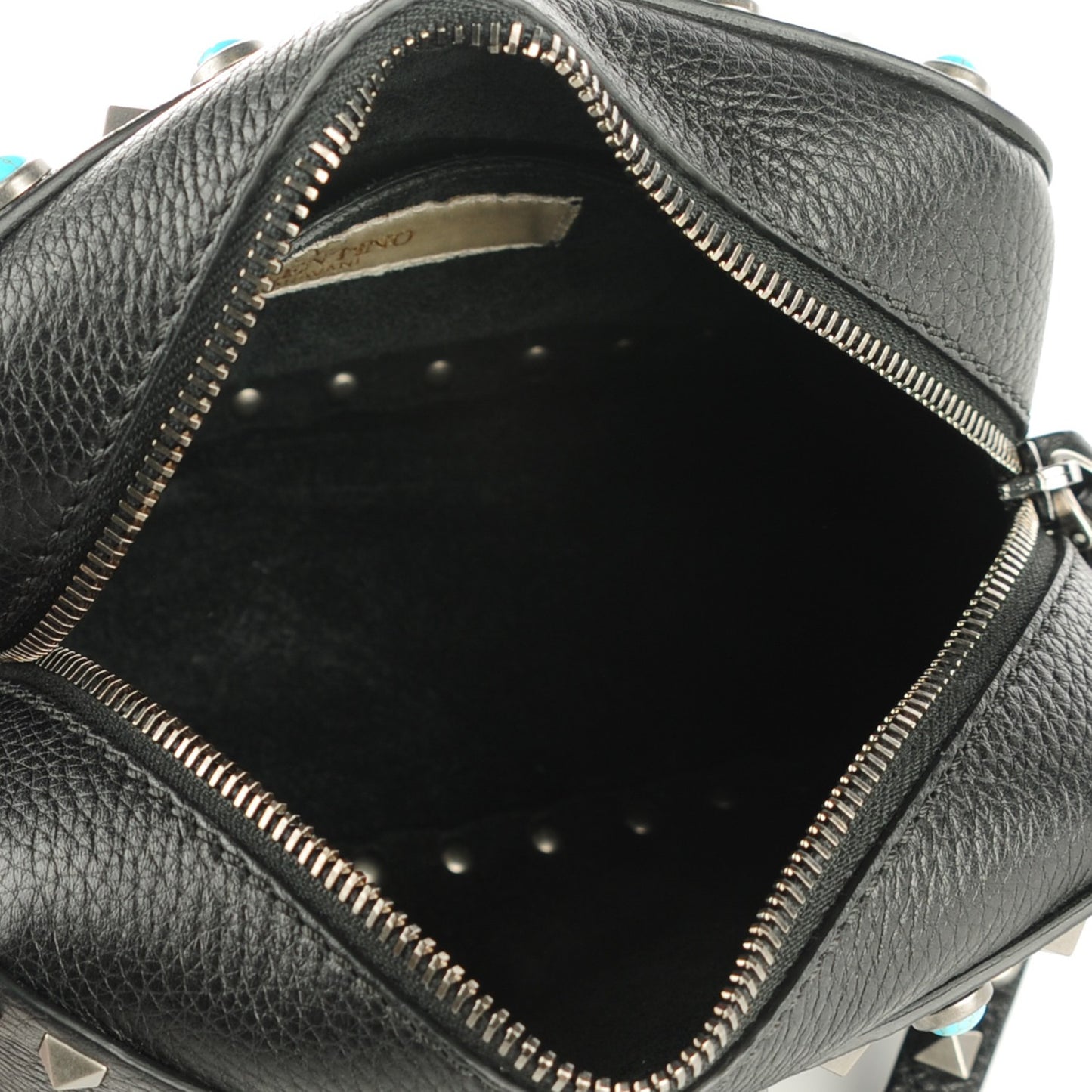 Grained Calfskin Turquoise Rockstud Rolling Camera Crossbody Bag Black