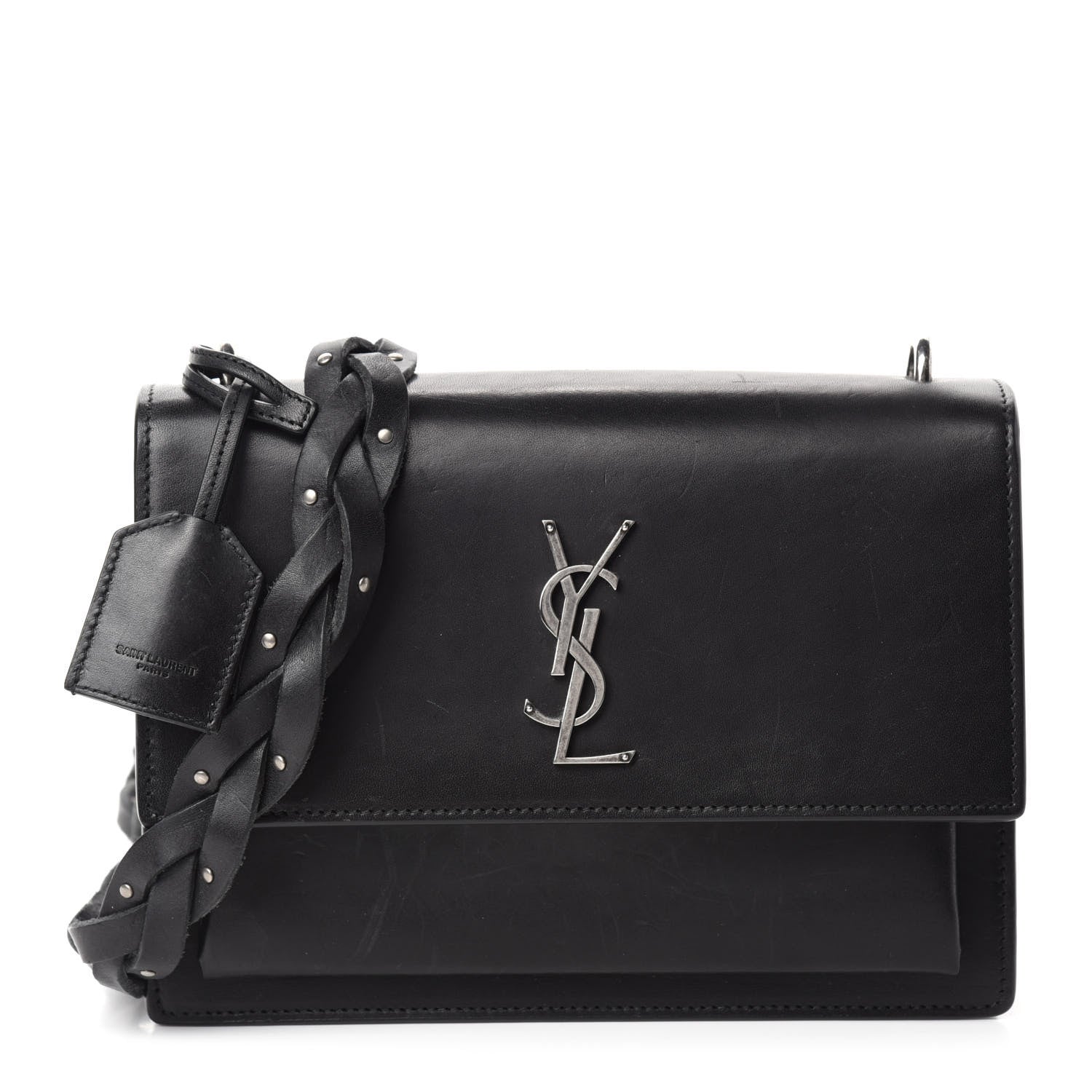 Saint Laurent Calfskin Medium Monogram Sunset Shoulder Bag With Braided Strap Black 1 of 14