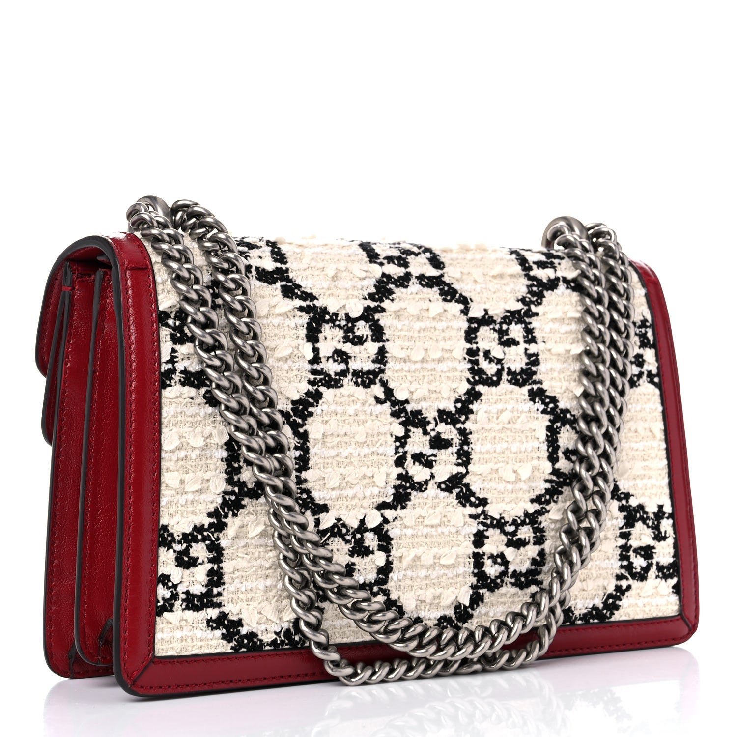 Gucci Tweed GG Monogram Small Dionysus Shoulder Bag White Black Romantic Cherry 3 of 10