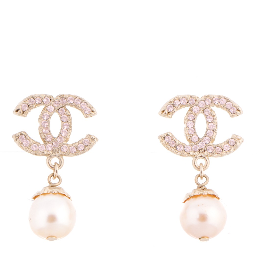 Chanel Crystal Enamel Pearl CC Drop Earrings Light Gold 1 of 5