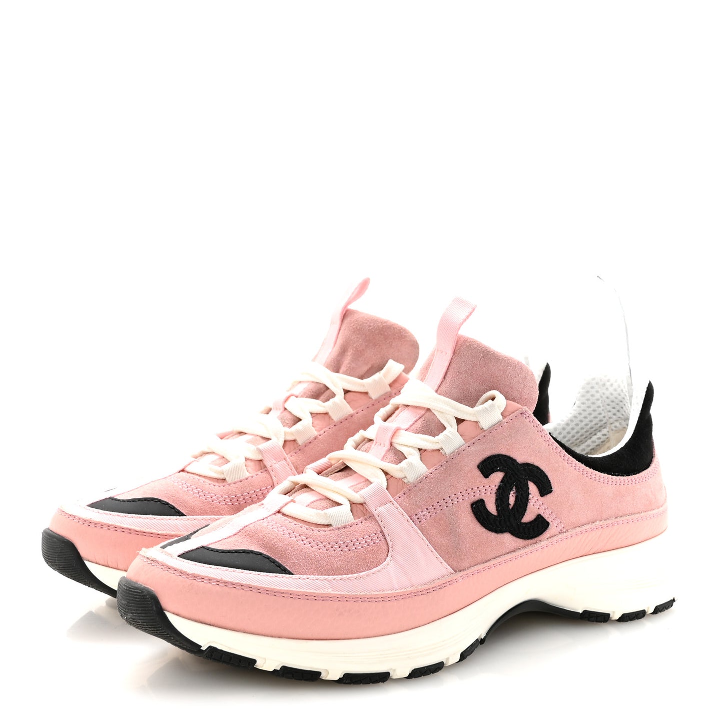 Suede Calfskin Grosgrain Womens CC Sneakers 39.5 Light Pink Black