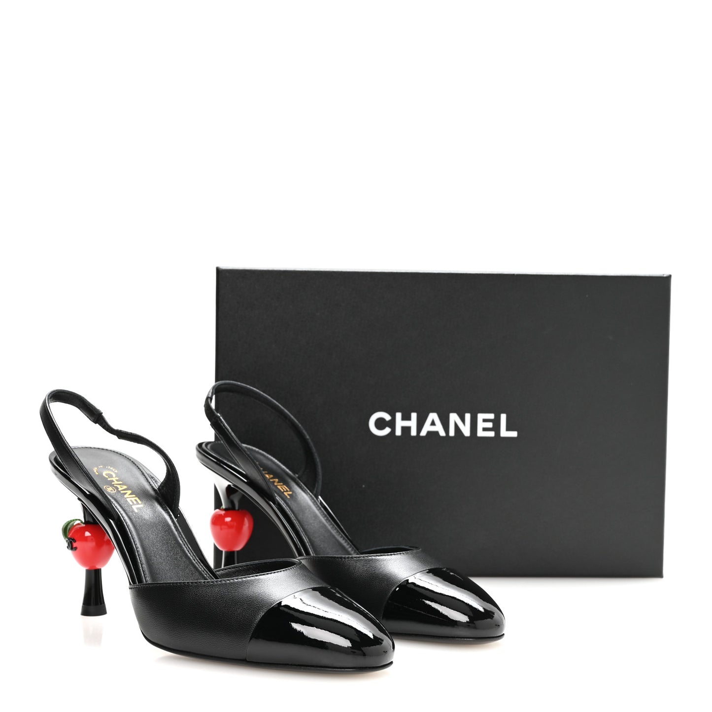 Lambskin Patent Calfskin Cap Toe CC Apple Slingback Pumps 37.5 Black