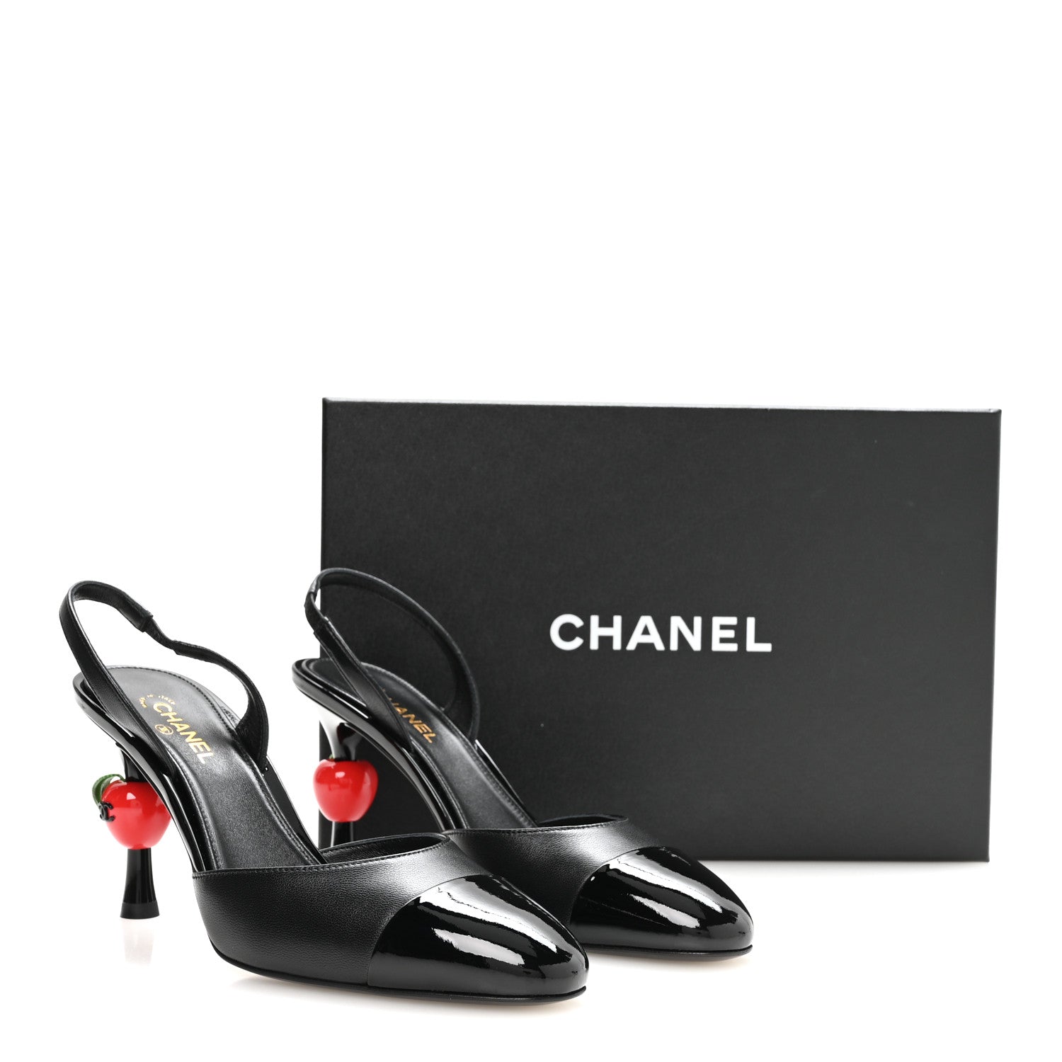 Chanel Lambskin Patent Calfskin Cap Toe CC Apple Slingback Pumps 37.5 Black 9 of 9