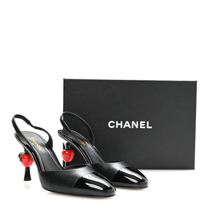 Chanel Lambskin Patent Calfskin Cap Toe CC Apple Slingback Pumps 37.5 Black 9 of 9