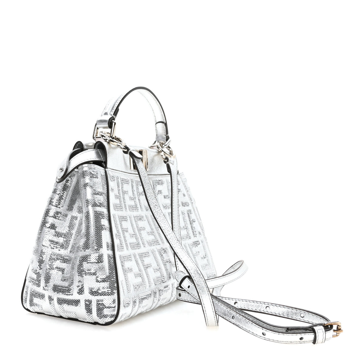 Vitello Catalan Mirror Sequin FF 1974 Embroidered Mini Peekaboo Iconic Satchel Argento