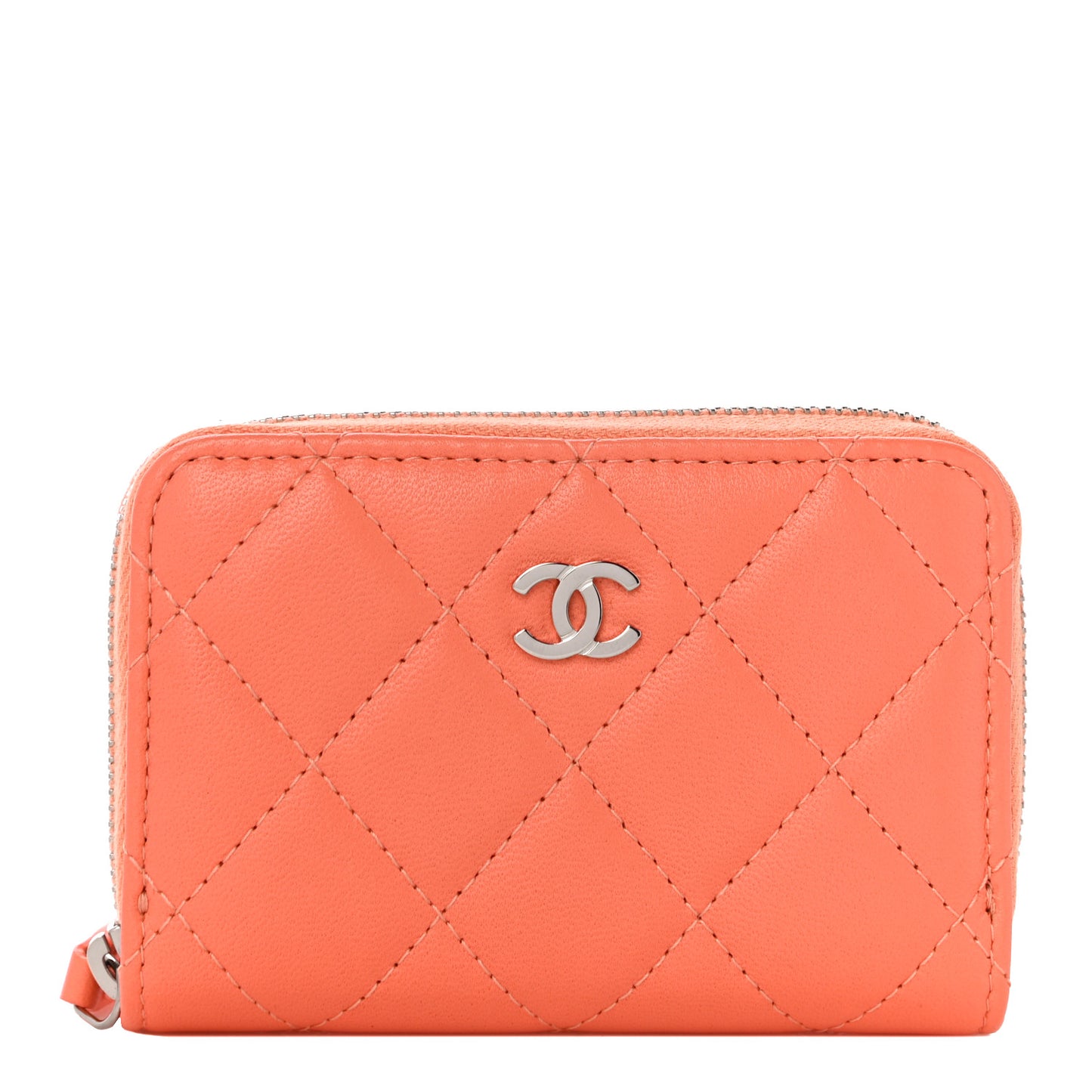 Lambskin Quilted Zip Around Coin Purse Wallet Coral