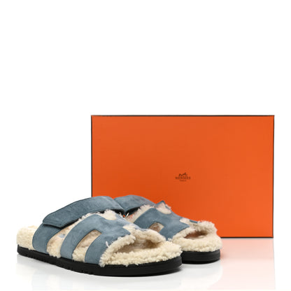 Hermes Suede Goatskin Woolskin Womens Chypre Sandals 37 Bleu Pinede Ecru 9 of 9