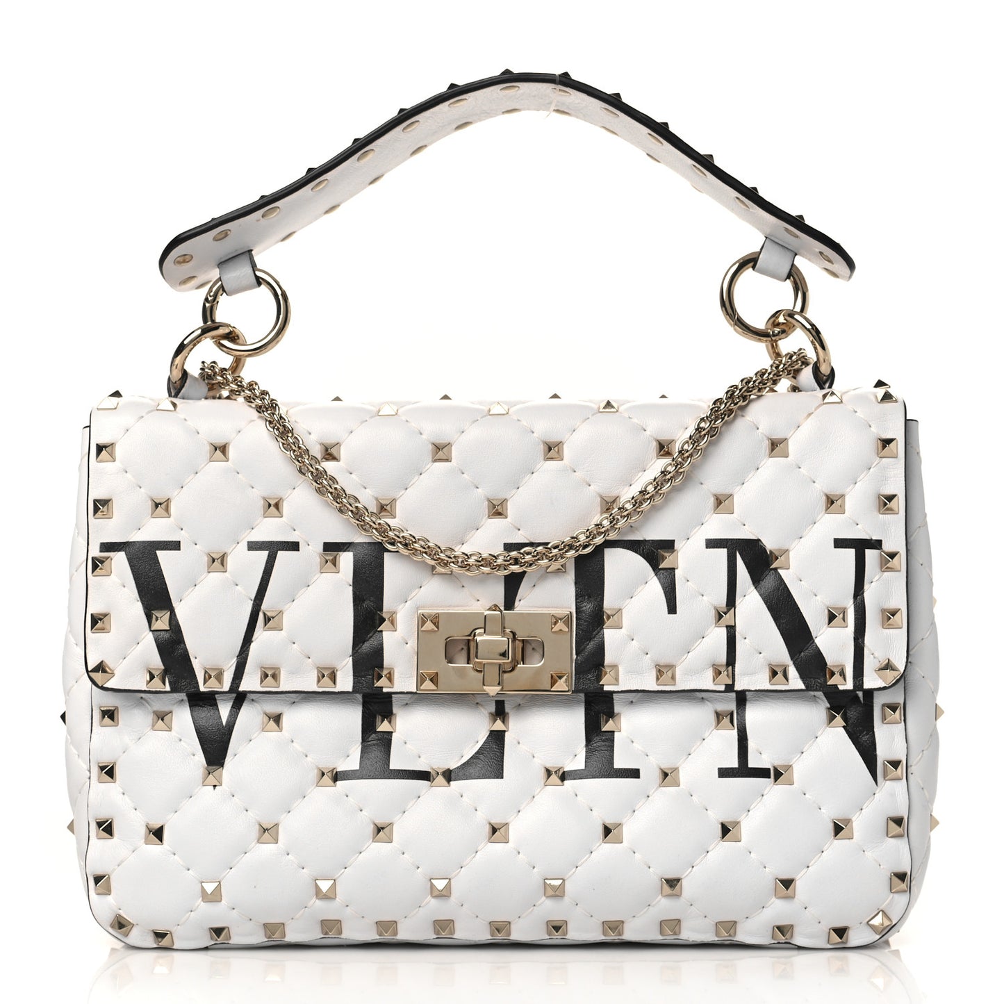 Lambskin VLTN Print Medium Rockstud Spike Shoulder Bag Optic White Black