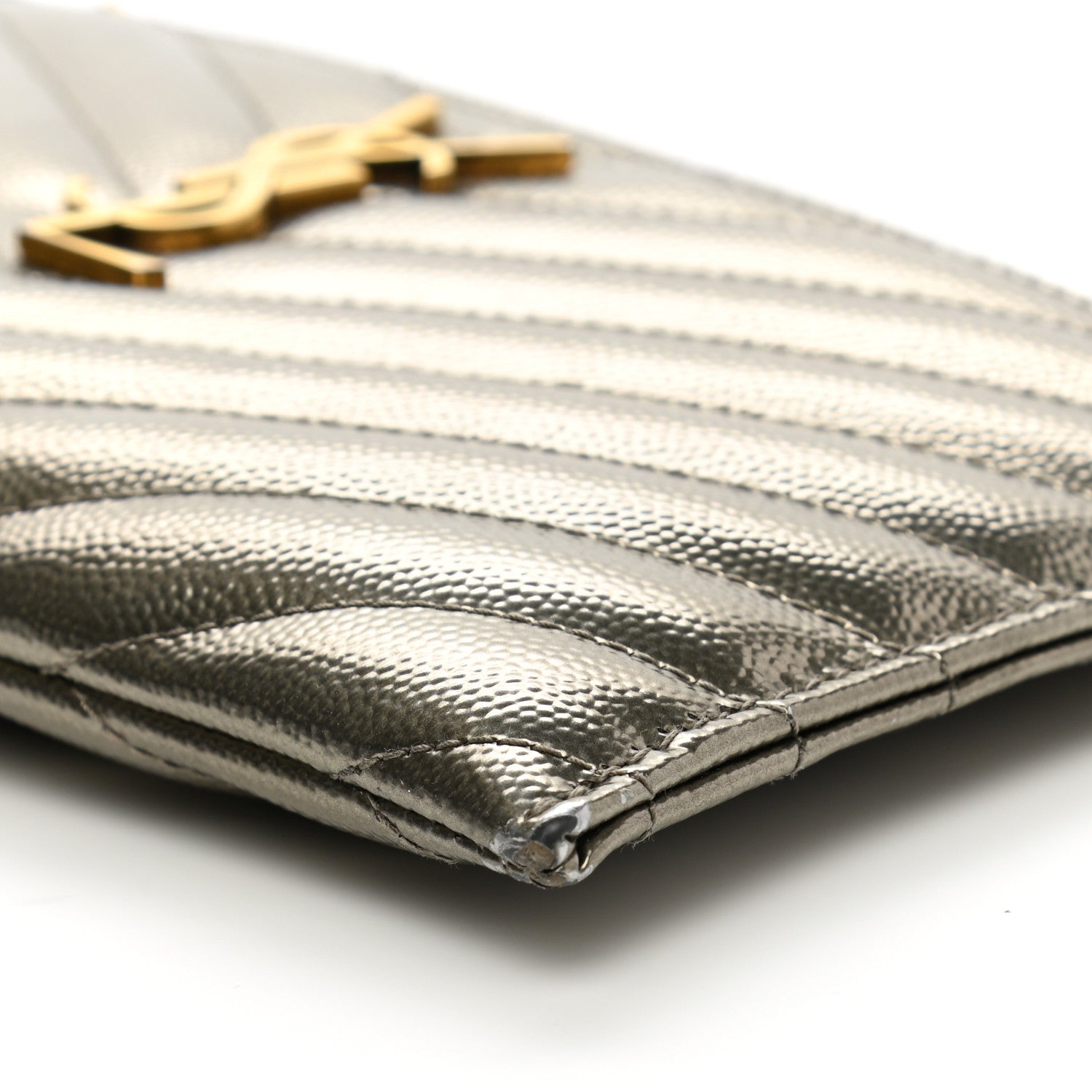 Saint Laurent Metallic Grain De Poudre Matelasse Chevron Monogram Bill Pouch Piombo 10 of 13