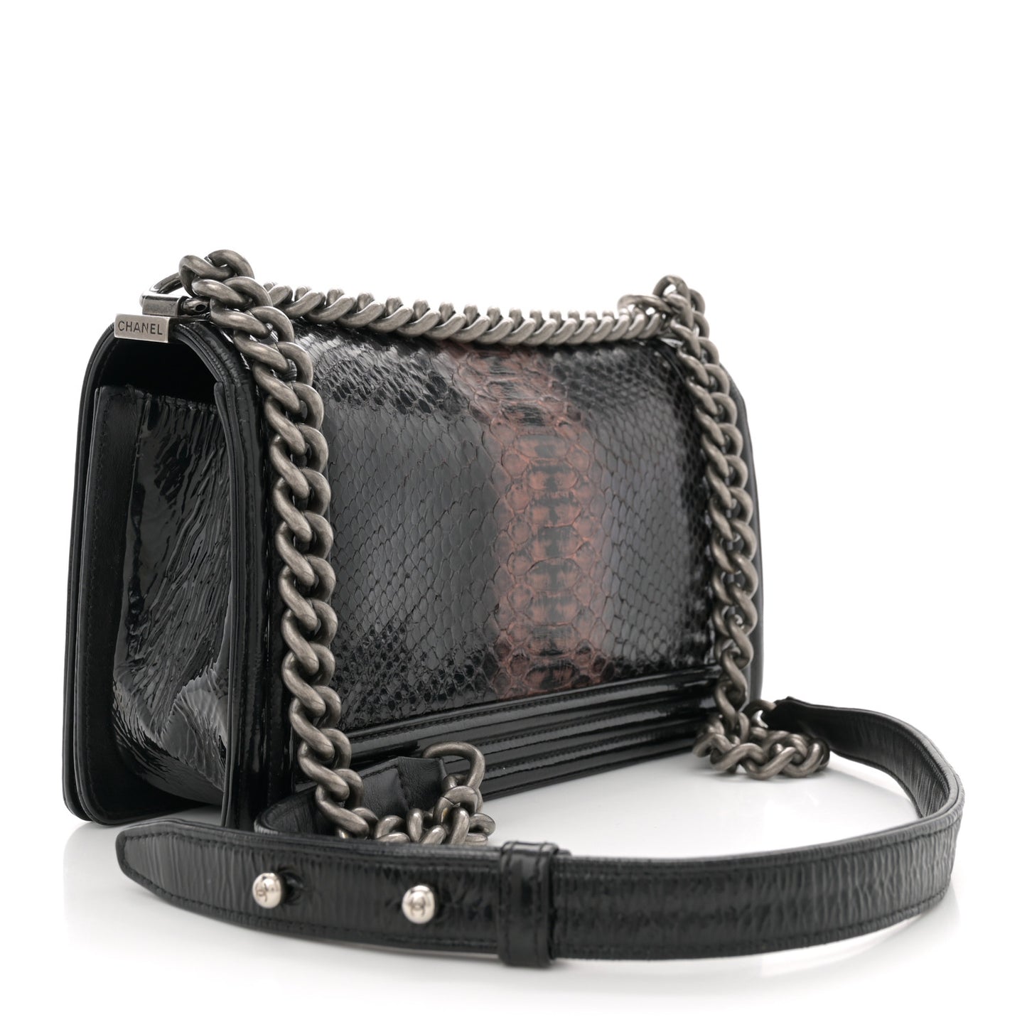 Patent Snakeskin Medium Boy Flap Black